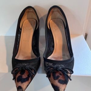 Christian Louboutin Souris Pony Fur Cheetah Lace Zipper Bow Kitten Heel EU40